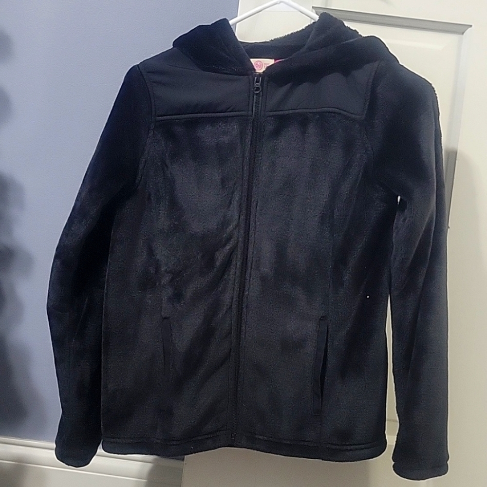 Fleece Black Fuzzy Jacket Coat Girls 14